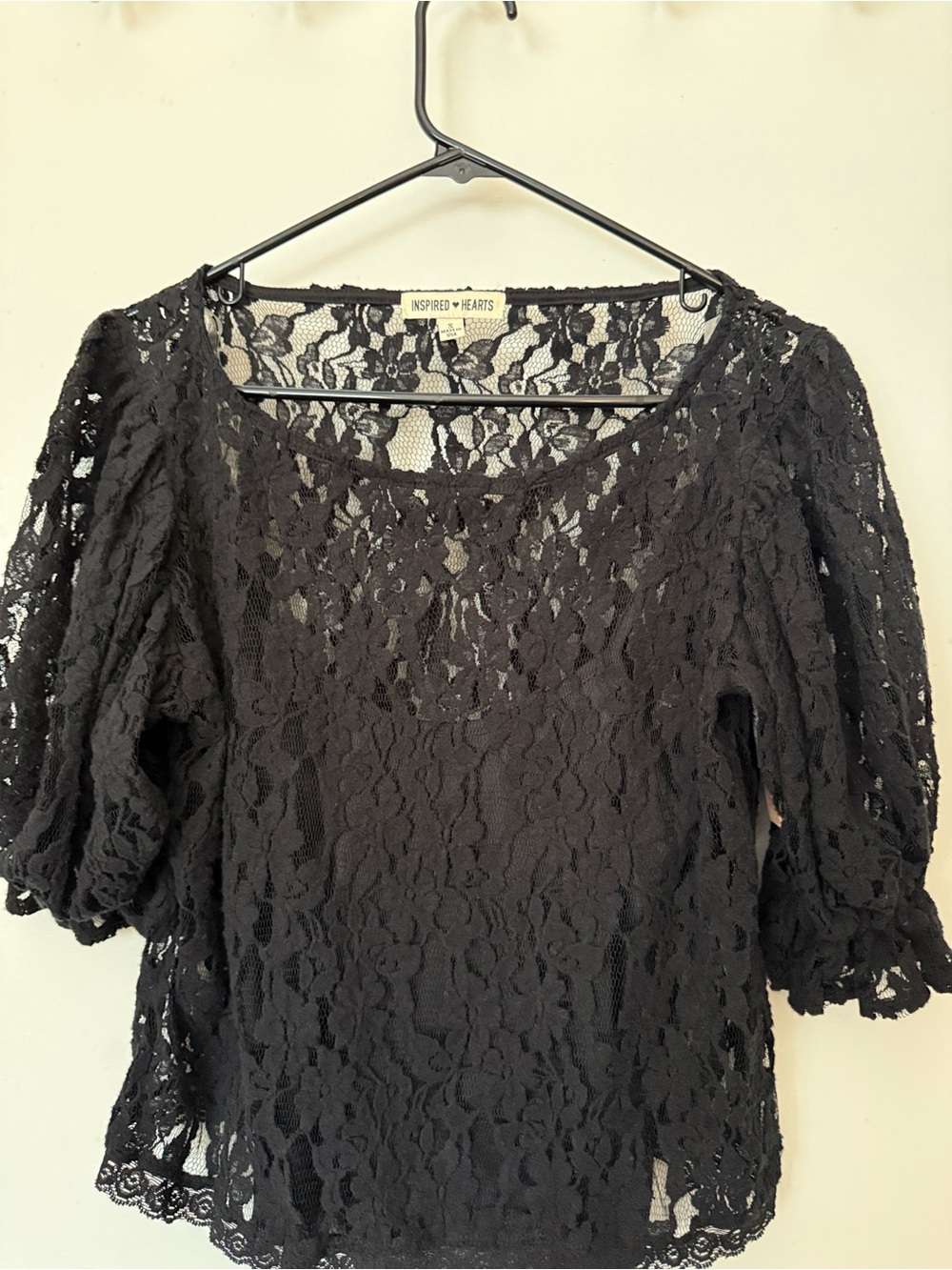 Inspired Hearts Black Floral Lace Puff Sleeve Blouse